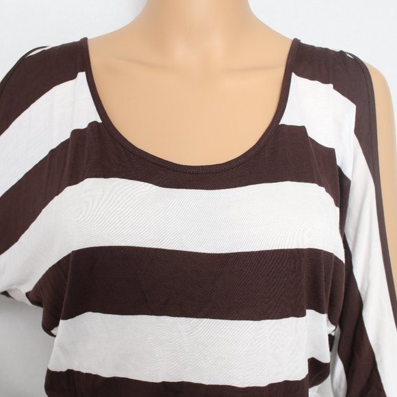 INC International Concepts Brown White Striped Cold Shoulder Top S - Picture 2 of 6